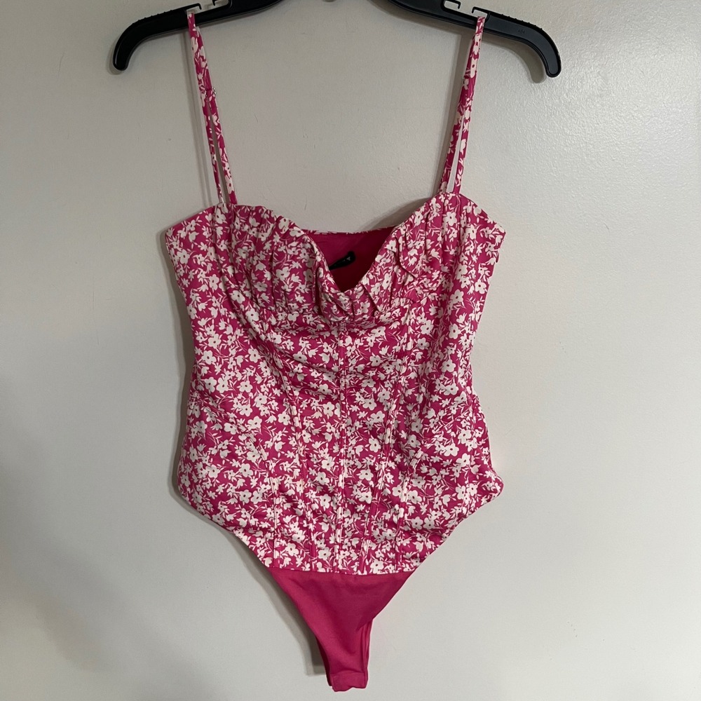 Zara Pink Floral Corset Bodice Bodysuit Sweetheart Neckline Size Medium‎ NWT